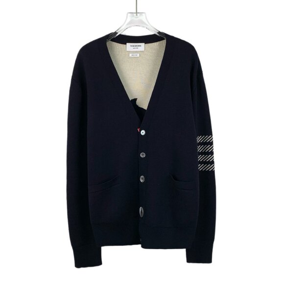 Thom Browne Black classic 4-bar dolphin intarsia cotton V-neck buttoned cardigan